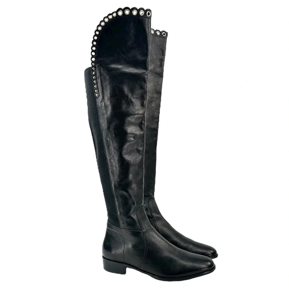 LK Bennett Black Leather Grommet Detail Over the Knee Flat Tall Riding Boots